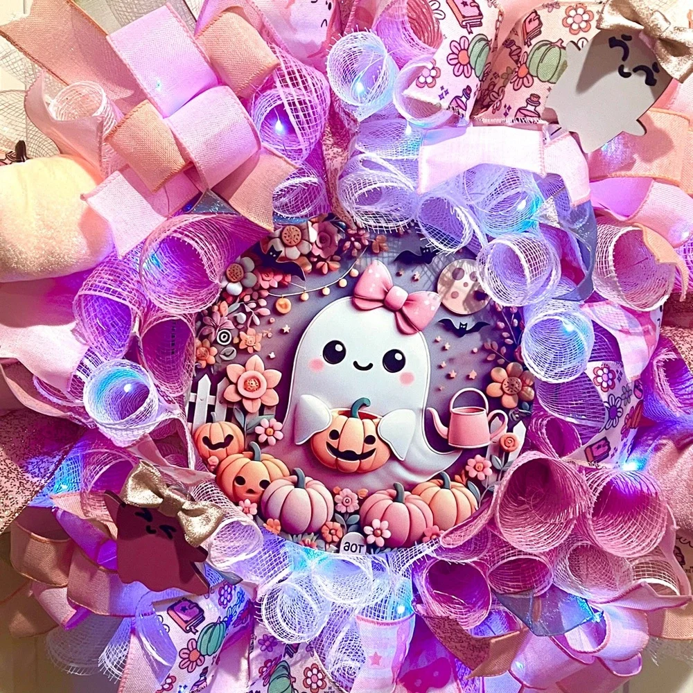 Back in Stock! Handmade 22” Pink Halloween Wreath Ghost Pumpkins LED Lights W17